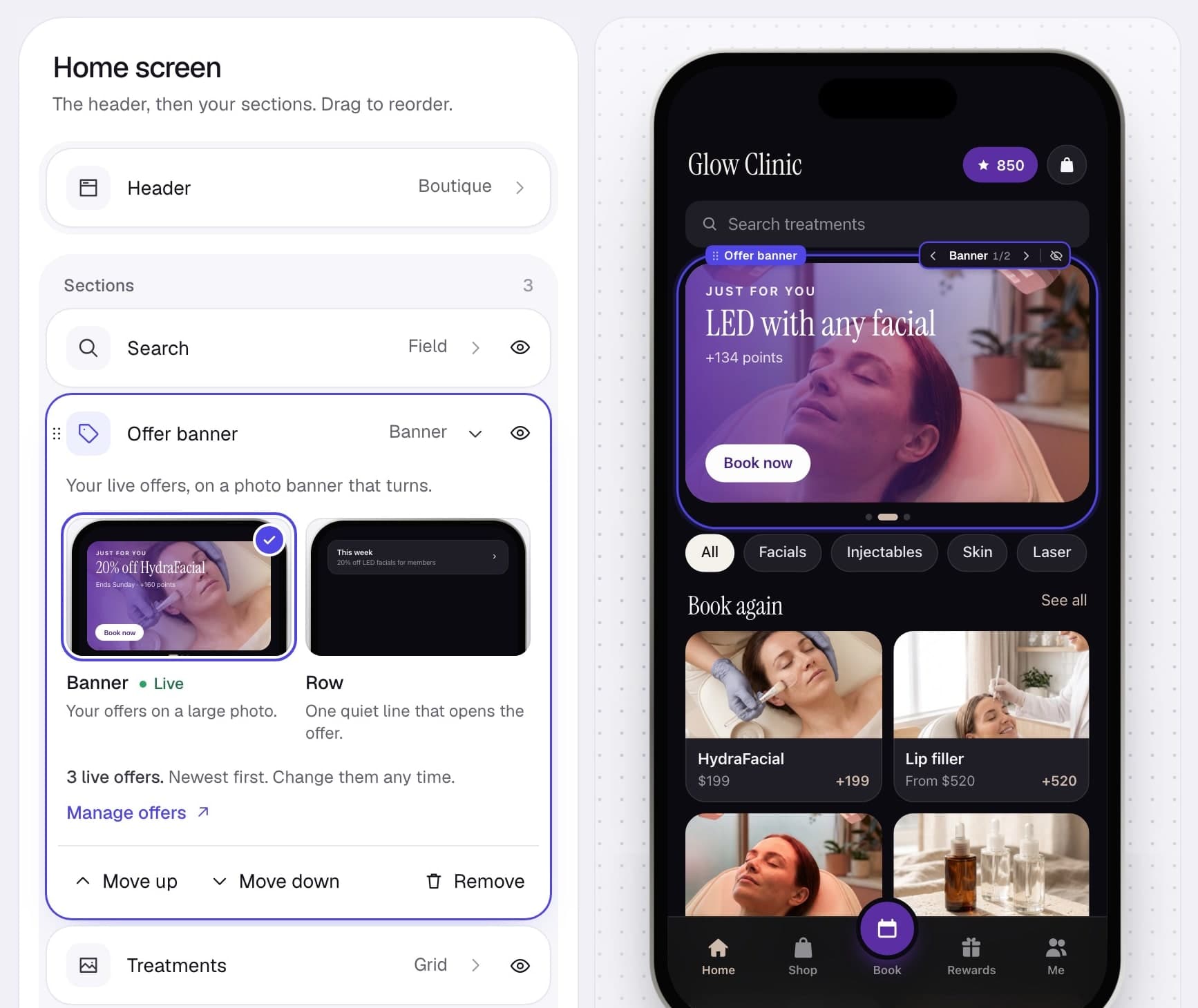 The Your app editor: the parts of the app on the left, each opening its choices, and the clinic’s app on a phone in the middle