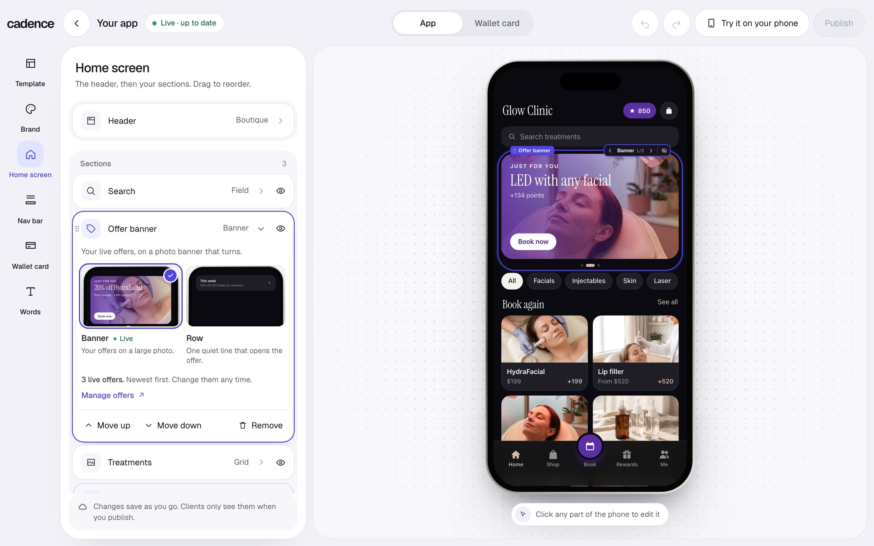 The Your app editor: the parts of the app on the left, each opening its choices, and the clinic’s app on a phone in the middle